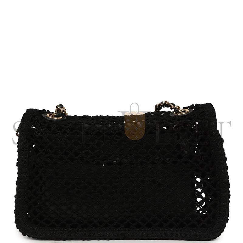 Ch**el MASTER SMALL COCO BEACH MACRAME FLAP BAG BLACK MESH GOLD HARDWARE AS6156 (21*14*6cm)